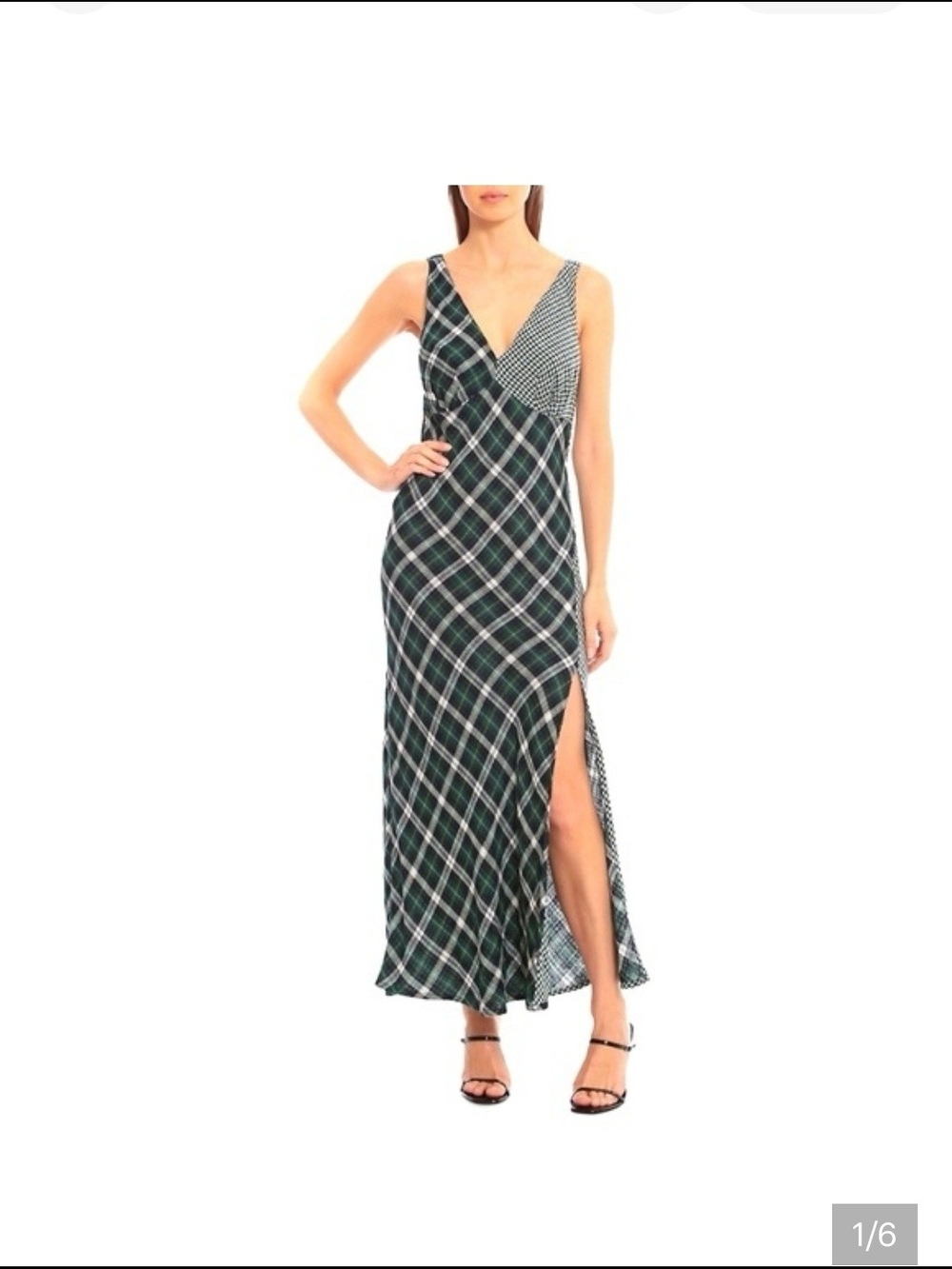 Sleeveless Green Plaid V-Neck Maxi Dress with Side Slit